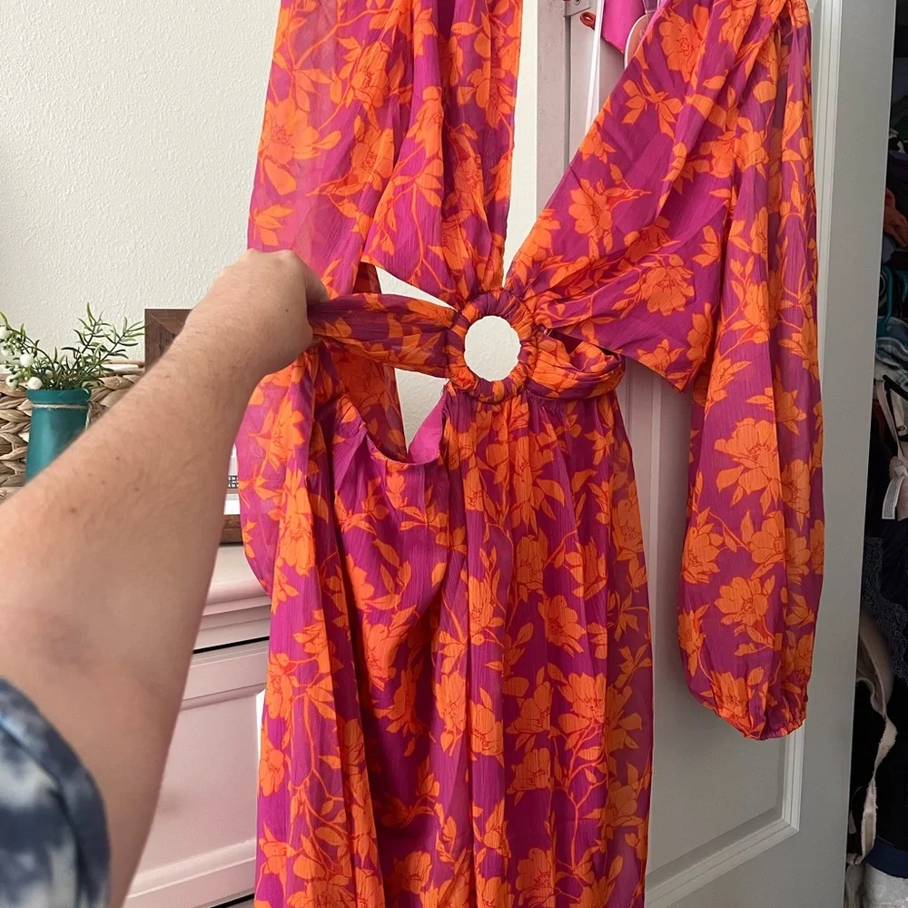 Pink and Orange floral long sleeve maxi dress with cutouts. - Picture 6 of 8